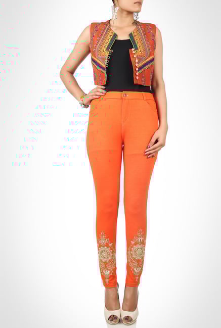 Huma Adnan Designer Orange Embroidered Jeggings by Kimaya Huma Adnan Designer Orange Embroidered Jeggings by Kimaya