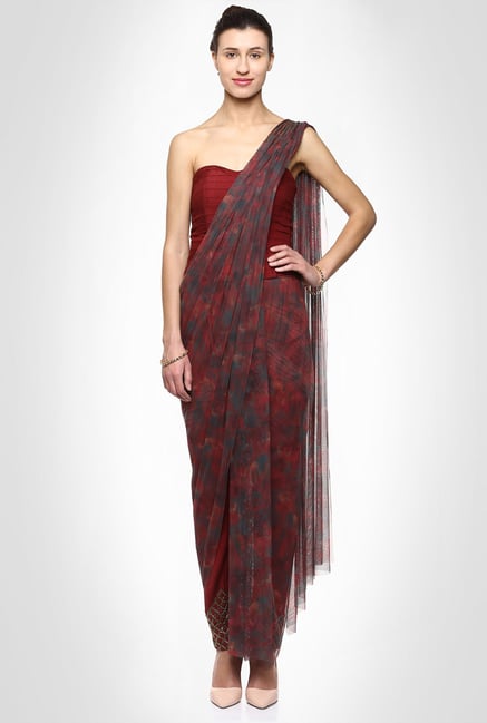 Kakondara Designer Maroon Printed Pre Draped Saree by Kimaya Kakondara Designer Maroon Printed Pre Draped Saree by Kimaya