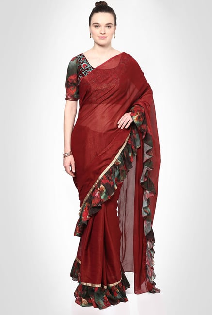 Kakondara Designer Maroon Saree With Frill Borders by Kimaya Kakondara Designer Maroon Saree With Frill Borders by Kimaya