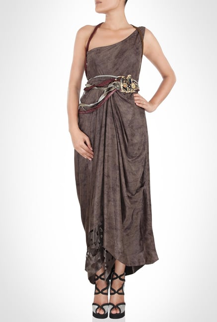 Babita Malkhani Designer Wear Leather Brown Dress by Kimaya Babita Malkhani Designer Wear Leather Brown Dress by Kimaya