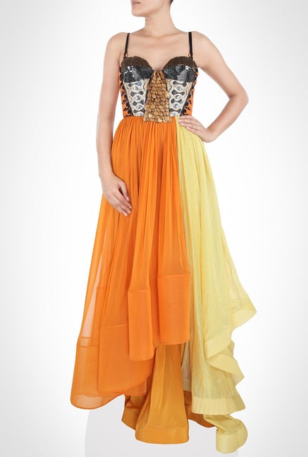 Babita Malkhani Designer Wear Orange Net Gown by Kimaya Babita Malkhani Designer Wear Orange Net Gown by Kimaya