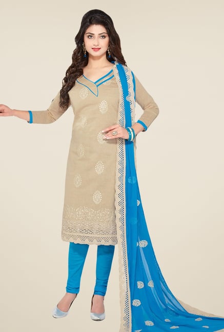 Salwar Studio Fawn & Sky Blue Embroidered Dress Material Salwar Studio Fawn & Sky Blue Embroidered Dress Material