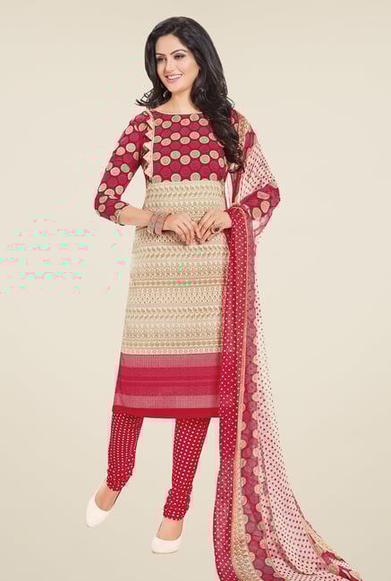 Salwar Studio Beige & Red Printed Free Size Dress Material Salwar Studio Beige & Red Printed Free Size Dress Material