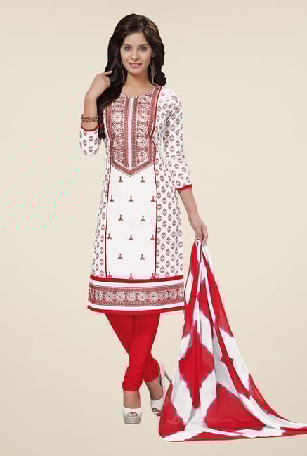 Salwar Studio White & Red Embroidered Cotton Dress Material Salwar Studio White & Red Embroidered Cotton Dress Material