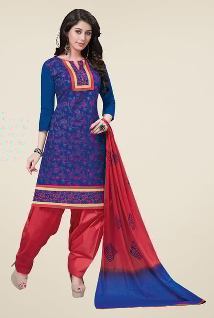 Salwar Studio Blue & Coral Embroidered Dress Material Salwar Studio Blue & Coral Embroidered Dress Material