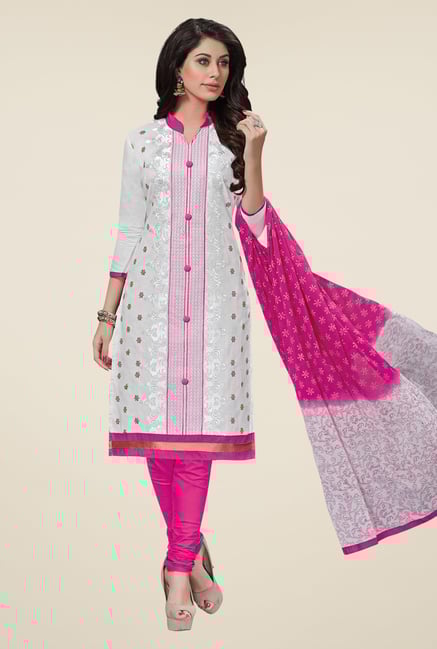 Salwar Studio White & Pink Embroidered Cotton Dress Material Salwar Studio White & Pink Embroidered Cotton Dress Material