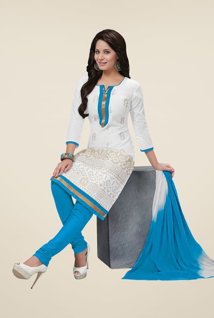 Salwar Studio White & Blue Embroidered Cotton Dress Material Salwar Studio White & Blue Embroidered Cotton Dress Material