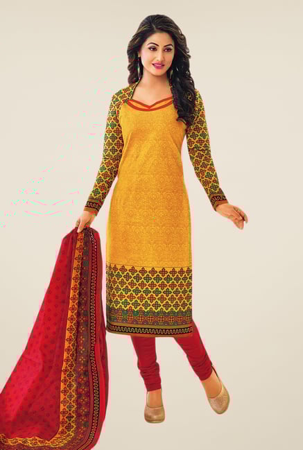 Salwar Studio Yellow & Red Printed Cotton Dress Material Salwar Studio Yellow & Red Printed Cotton Dress Material