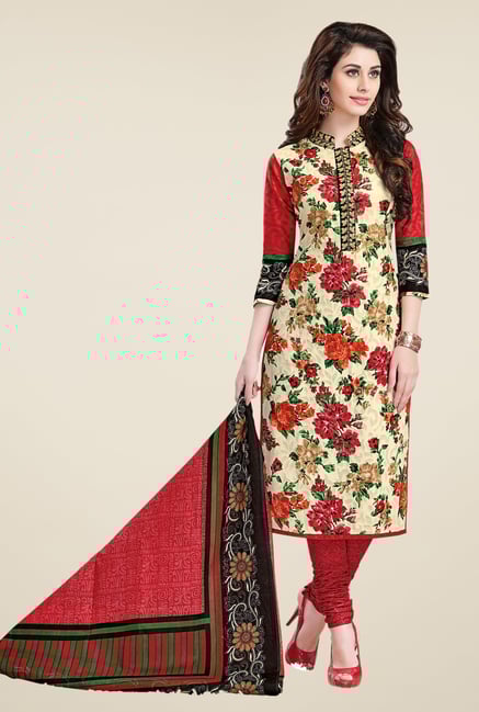 Salwar Studio Cream & Red Printed Dress Material Salwar Studio Cream & Red Printed Dress Material