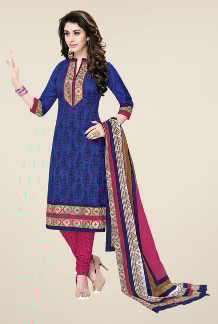 Salwar Studio Blue & Pink Printed Cotton Dress Material Salwar Studio Blue & Pink Printed Cotton Dress Material