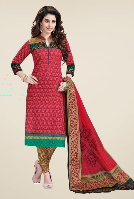 Salwar Studio Red & Beige Printed Cotton Dress Material Salwar Studio Red & Beige Printed Cotton Dress Material