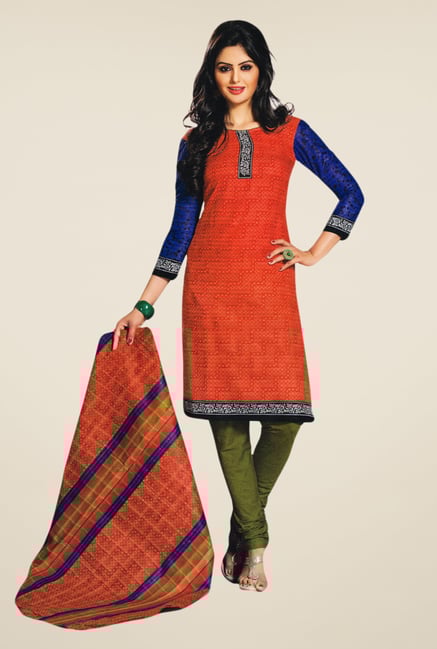 Salwar Studio Orange & Mehndi Free Size Dress Material Salwar Studio Orange & Mehndi Free Size Dress Material