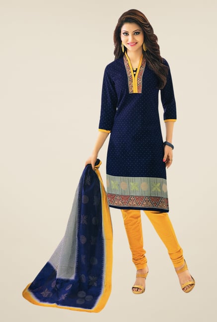 Salwar Studio Navy & Dark Yellow Printed Dress Material Salwar Studio Navy & Dark Yellow Printed Dress Material