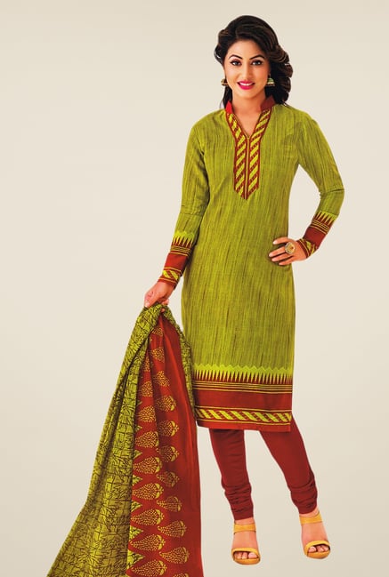 Salwar Studio Green & Maroon Printed Cotton Dress Material Salwar Studio Green & Maroon Printed Cotton Dress Material