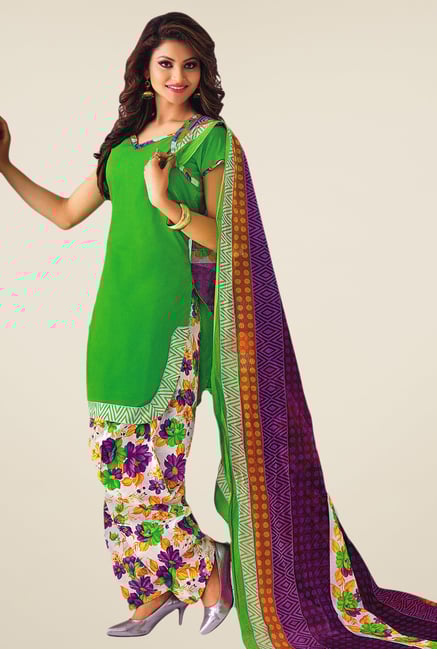 Salwar Studio Parrot Green & Violet Printed Dress Material Salwar Studio Parrot Green & Violet Printed Dress Material
