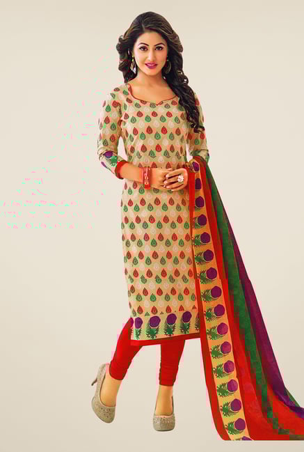Salwar Studio Beige & Red Printed Cotton Dress Material Salwar Studio Beige & Red Printed Cotton Dress Material