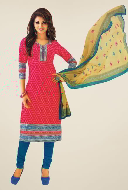 Salwar Studio Pink & Blue Printed Cotton Dress Material Salwar Studio Pink & Blue Printed Cotton Dress Material