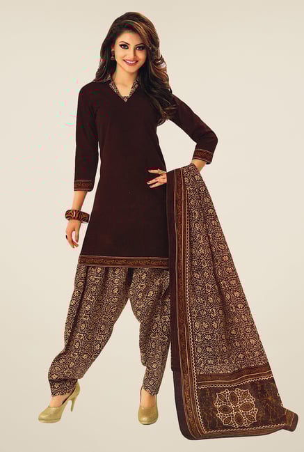 Salwar Studio Dark Brown & Beige Printed Dress Material Salwar Studio Dark Brown & Beige Printed Dress Material