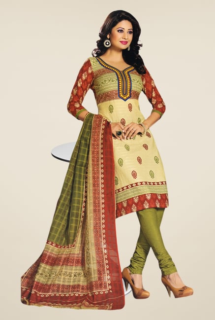 Salwar Studio Beige & Mehndi Printed Dress Material Salwar Studio Beige & Mehndi Printed Dress Material