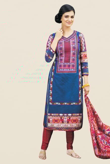 Salwar Studio Blue & Magenta Printed Cotton Dress Material Salwar Studio Blue & Magenta Printed Cotton Dress Material