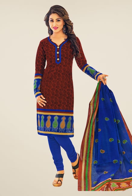 Salwar Studio Brown & Blue Printed Dress Material Salwar Studio Brown & Blue Printed Dress Material