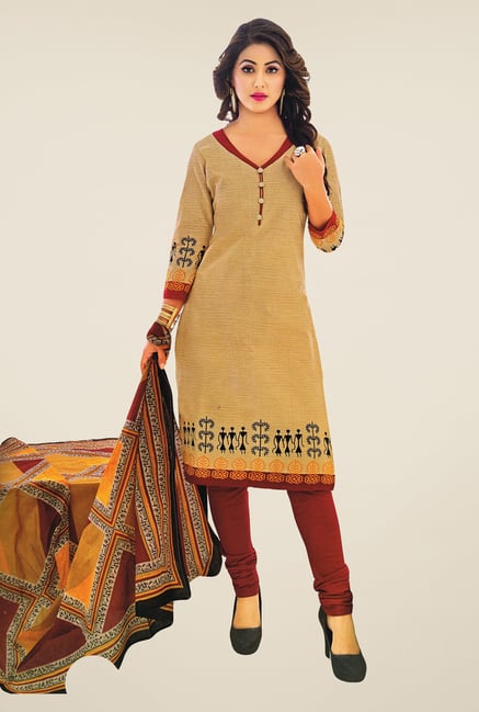 Salwar Studio Beige & Brown Folk Printed Dress Material Salwar Studio Beige & Brown Folk Printed Dress Material