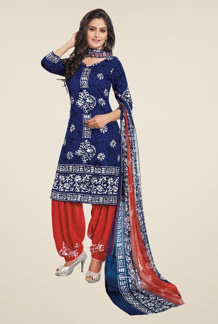 Salwar Studio Dark Blue & Red Synthetic Dress Material Salwar Studio Dark Blue & Red Synthetic Dress Material