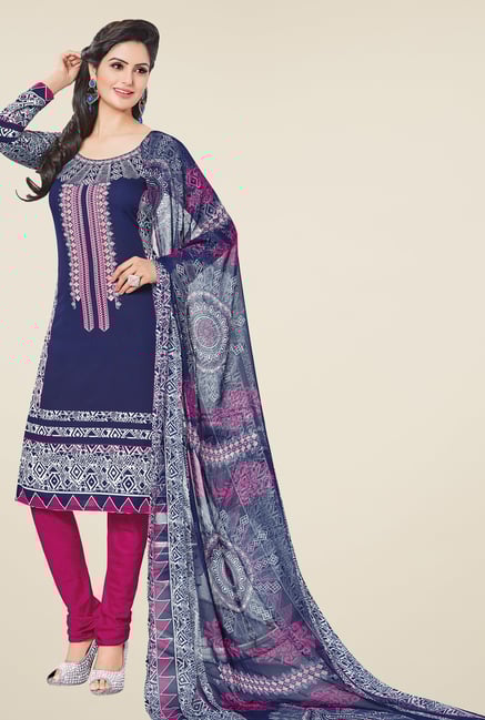 Salwar Studio Dark Blue & Pink Printed Dress Material Salwar Studio Dark Blue & Pink Printed Dress Material