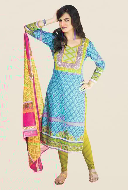 Salwar Studio Blue & Green Printed Cotton Dress Material Salwar Studio Blue & Green Printed Cotton Dress Material