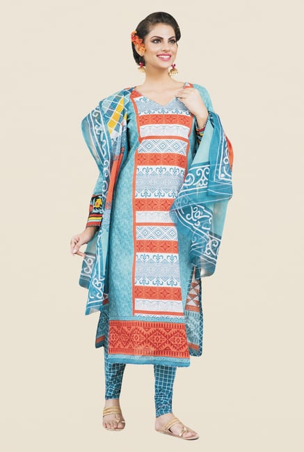 Salwar Studio Light Blue & Orange Printed Dress Material Salwar Studio Light Blue & Orange Printed Dress Material