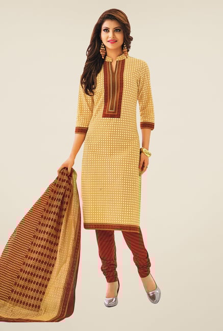 Salwar Studio Beige & Brown Checks Cotton Dress Material Salwar Studio Beige & Brown Checks Cotton Dress Material