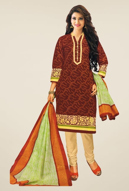 Salwar Studio Brown & Beige Printed Cotton Dress Material Salwar Studio Brown & Beige Printed Cotton Dress Material