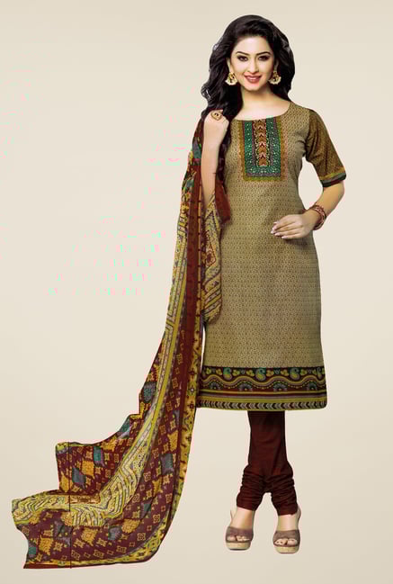 Salwar Studio Mehndi & Brown Printed Dress Material Salwar Studio Mehndi & Brown Printed Dress Material