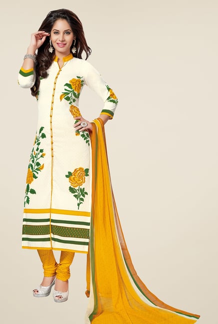 Salwar Studio Off White & Yellow Printed Dress Material Salwar Studio Off White & Yellow Printed Dress Material