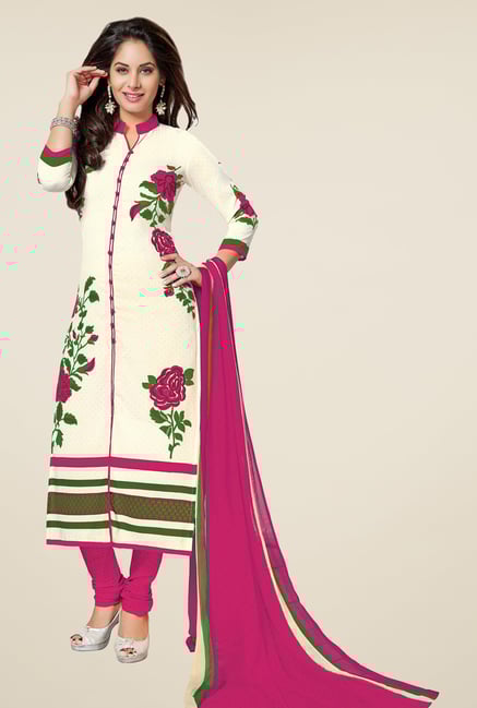 Salwar Studio Off White & Pink Printed Dress Material Salwar Studio Off White & Pink Printed Dress Material