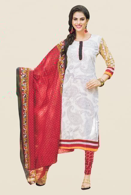 Salwar Studio White & Red Printed Free Size Dress Material Salwar Studio White & Red Printed Free Size Dress Material