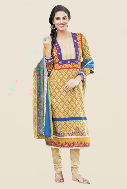 Salwar Studio Beige & Blue Printed Cotton Dress Material Salwar Studio Beige & Blue Printed Cotton Dress Material