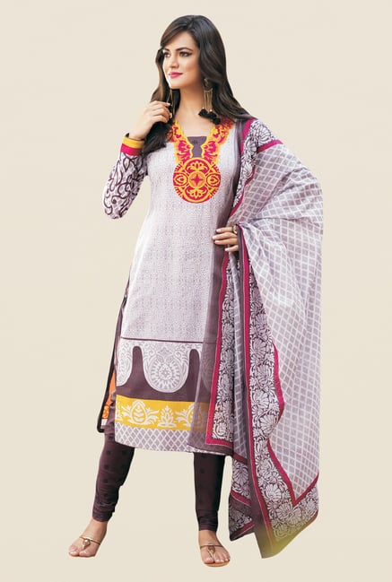 Salwar Studio White & Coffee Printed Dress Material Salwar Studio White & Coffee Printed Dress Material