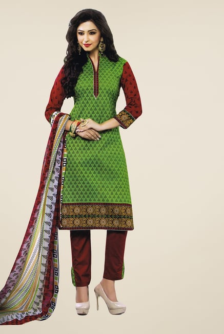 Salwar Studio Green & Brown Printed Free Size Dress Material Salwar Studio Green & Brown Printed Free Size Dress Material