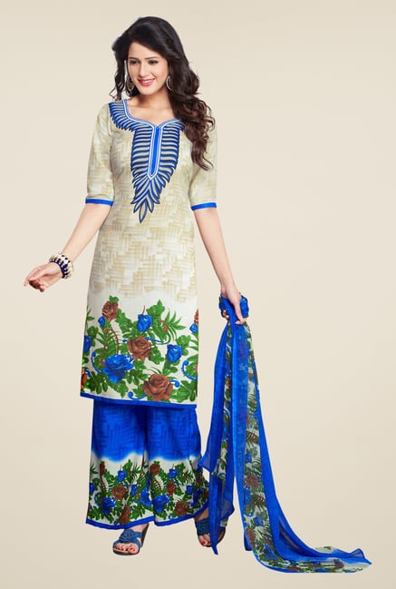 Salwar Studio Off White & Blue Printed Dress Material Salwar Studio Off White & Blue Printed Dress Material