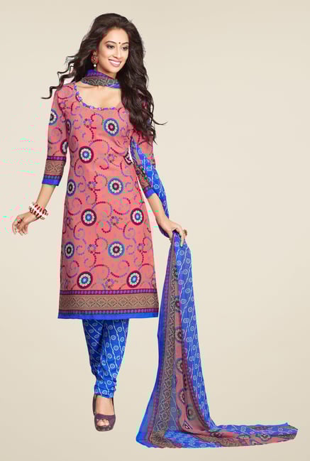 Salwar Studio Coral & Blue Printed Synthetic Dress Material Salwar Studio Coral & Blue Printed Synthetic Dress Material