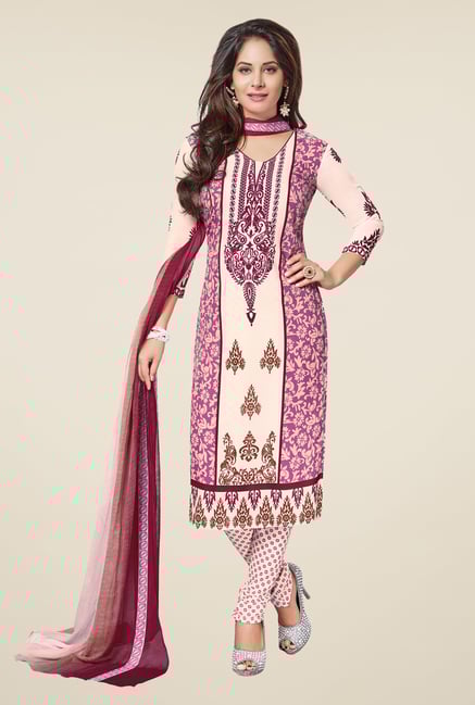 Salwar Studio Pink & Off White Synthetic Dress Material Salwar Studio Pink & Off White Synthetic Dress Material