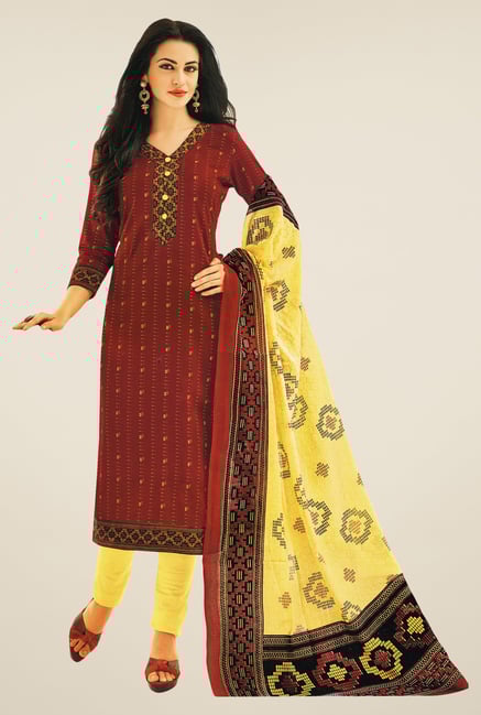 Salwar Studio Maroon & Yellow Printed Dress Material Salwar Studio Maroon & Yellow Printed Dress Material