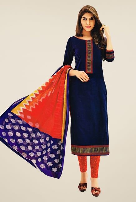 Salwar Studio Dark Blue & Red Printed Dress Material Salwar Studio Dark Blue & Red Printed Dress Material