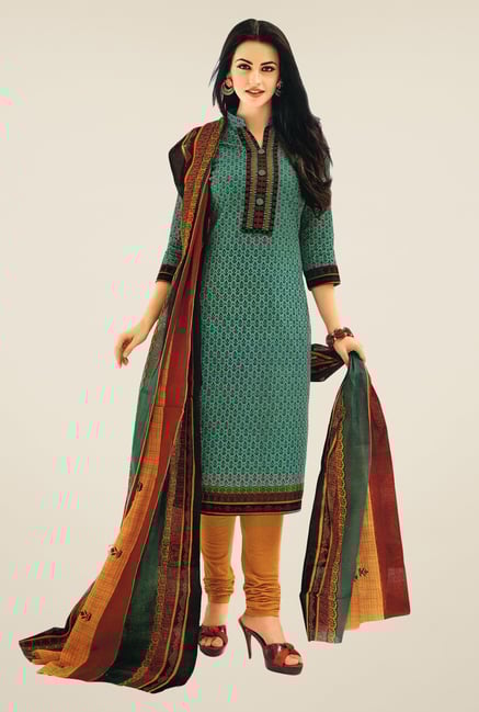 Salwar Studio Teal & Mustard Printed Dress Material Salwar Studio Teal & Mustard Printed Dress Material