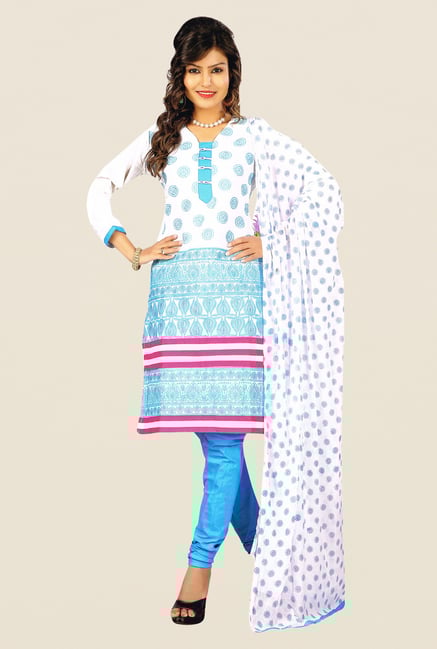 Salwar Studio White & Sky Blue Cotton Dress Material Salwar Studio White & Sky Blue Cotton Dress Material