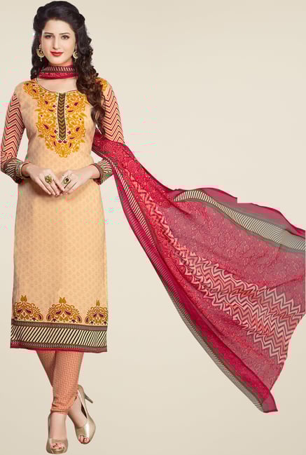 Salwar Studio Beige & Red Printed Synthetic Dress Material Salwar Studio Beige & Red Printed Synthetic Dress Material