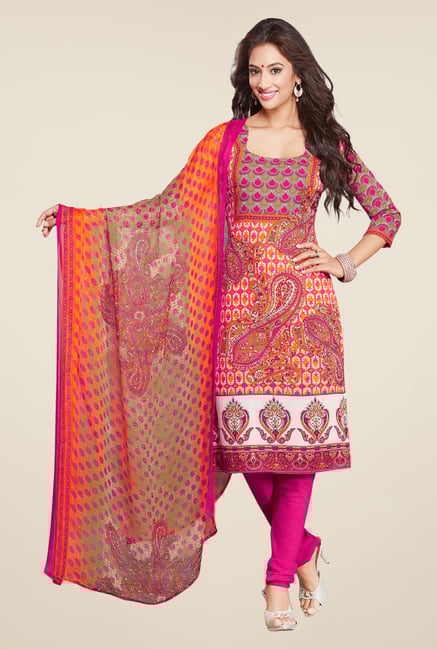 Salwar Studio Orange & Pink Printed Synthetic Dress Material Salwar Studio Orange & Pink Printed Synthetic Dress Material