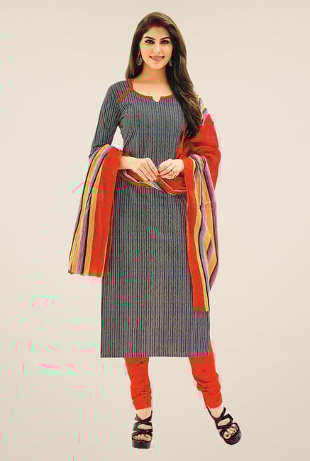 Salwar Studio Grey & Red Striped Dress Material Salwar Studio Grey & Red Striped Dress Material