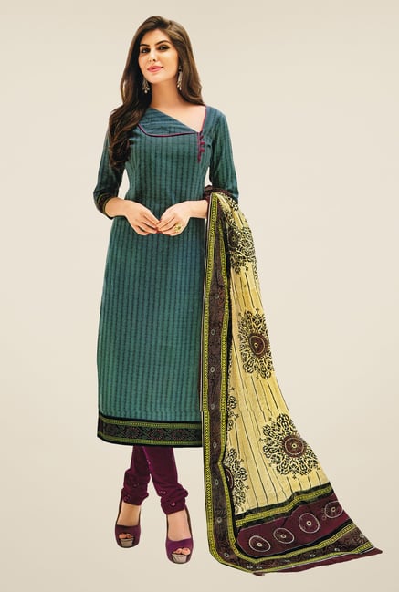 Salwar Studio Teal & Wine Striped Dress Material Salwar Studio Teal & Wine Striped Dress Material